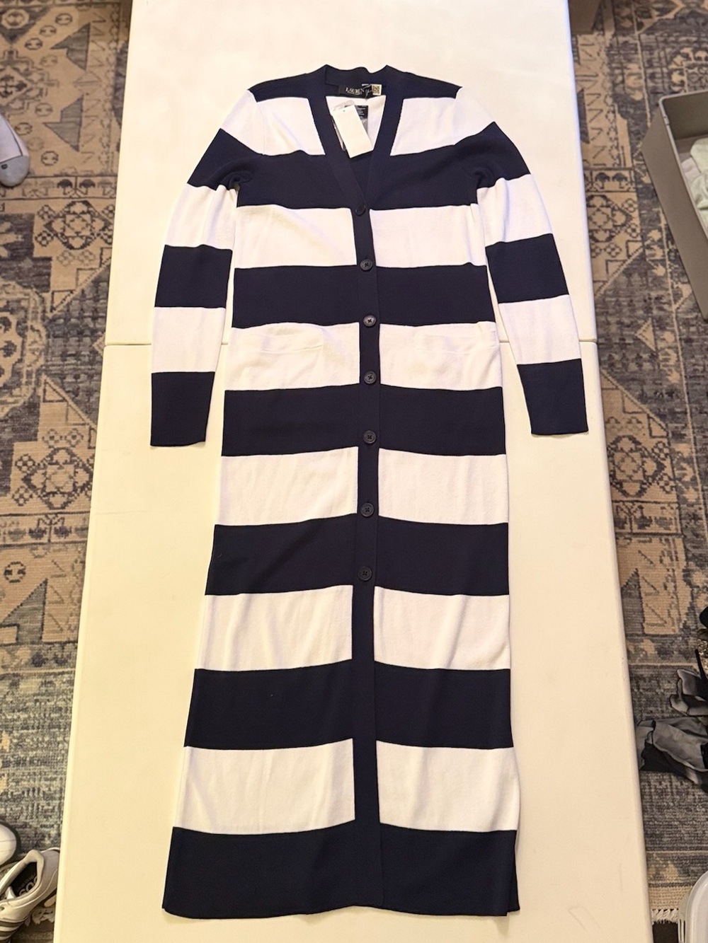 Ralph Lauren Navy and White Striped Long Sleeve Button-Front Maxi Dress